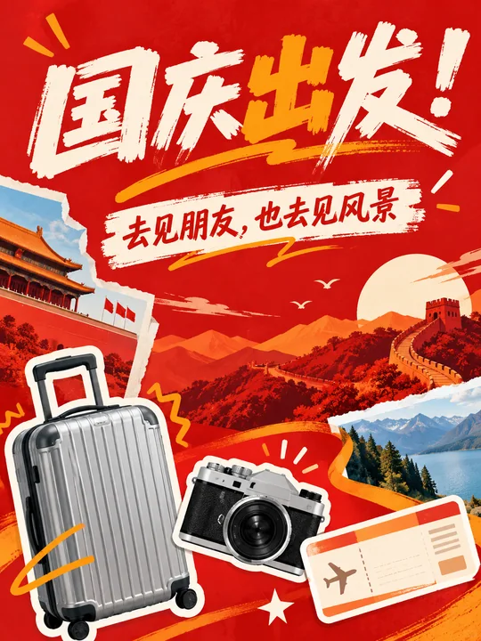 活力红潮流杂志感国庆出游海报