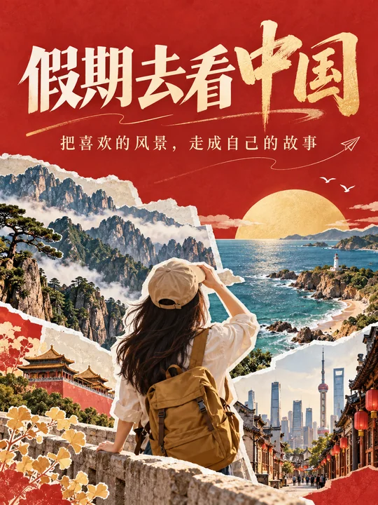 杂志风国庆旅行海报:假期去看中国