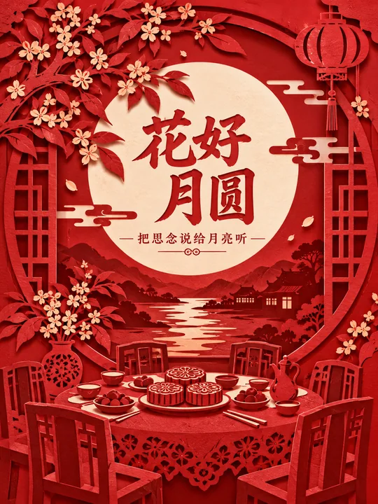 中秋佳节唯美红色剪纸风艺术海报
