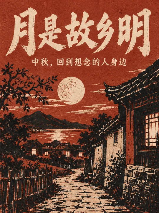 中秋节木刻版画海报月是故乡明