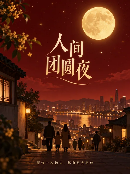 中秋佳节深红月夜团圆海报