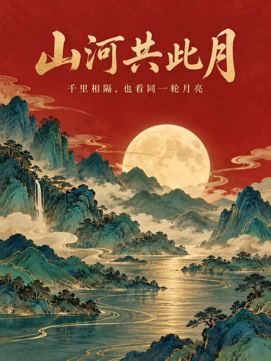 绝美中秋青绿山水海报：山河共此月