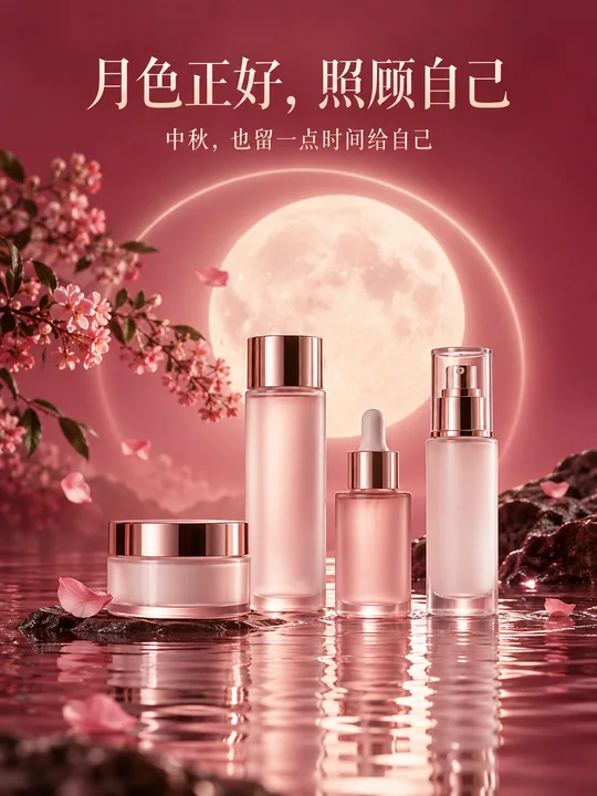 1. 中秋玫瑰红极简护肤品美妆海报设计