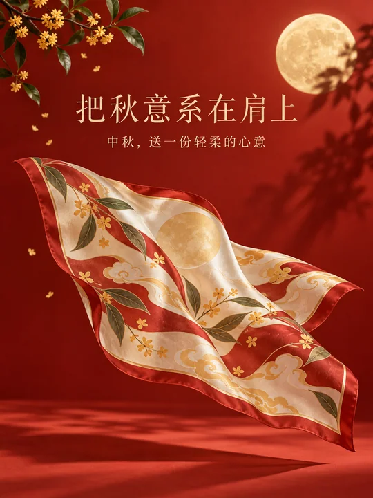 朱砂红新中式中秋丝巾时尚海报