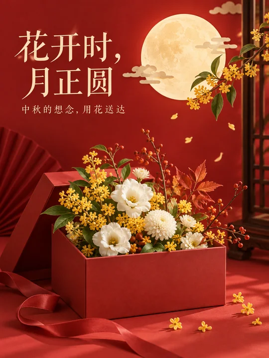中秋鲜花礼盒现代纸艺国风海报