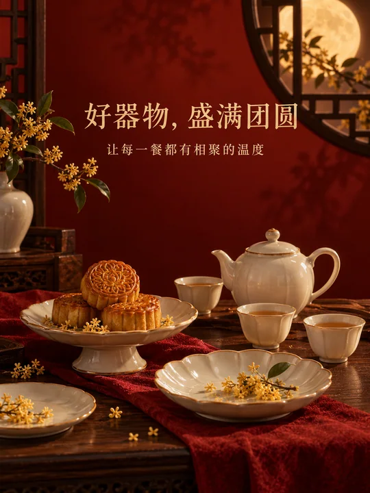 中秋韵味陶瓷餐具博物馆风创意海报