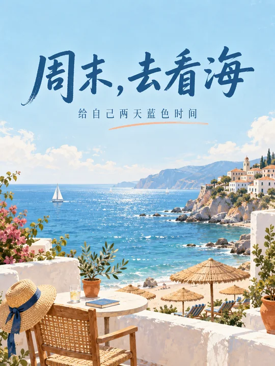 浪漫地中海风情周末看海旅行海报设计