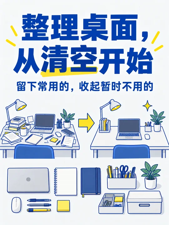极简白板风桌面整理法海报设计