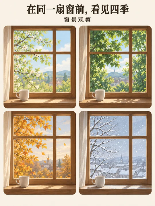同一扇窗前的四季流转治愈系插画海报