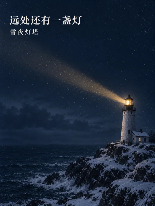 深蓝雪夜中的孤寂灯塔叙事海报