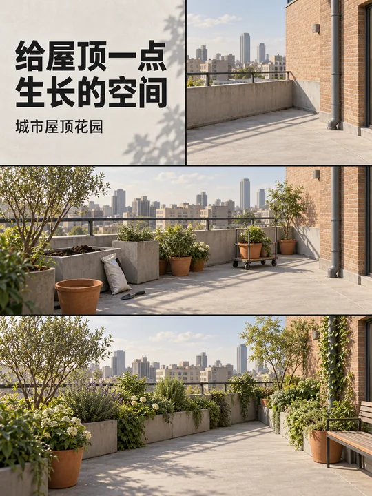 城市屋顶花园改造分镜视觉海报