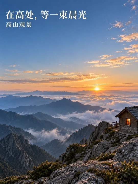 云巅之上的破晓晨景叙事感海报