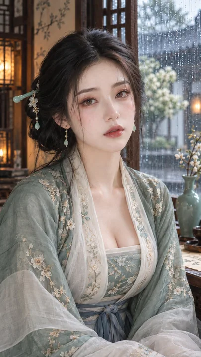 古风雨日青瓷美妆人像