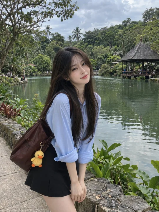 湖畔亚裔女性手机写实旅行人像