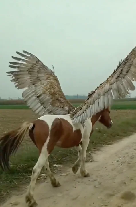 Enregistrement sur téléphone mobile de l'apparition inattendue d'un cheval volant étrange dans une zone rurale.