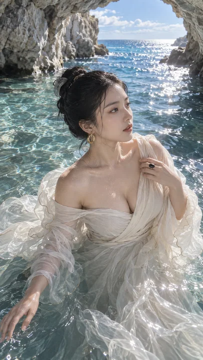 蔚蓝海蚀洞口的东方韵味人像