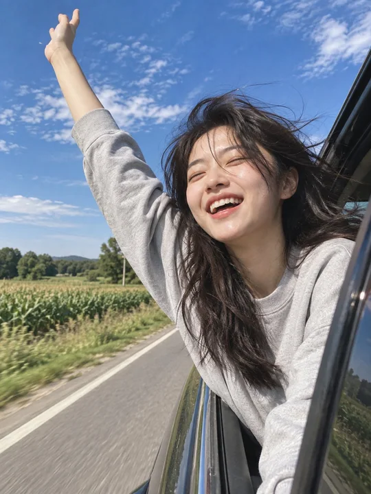 探出车窗大笑的年轻女性乡村公路摄影