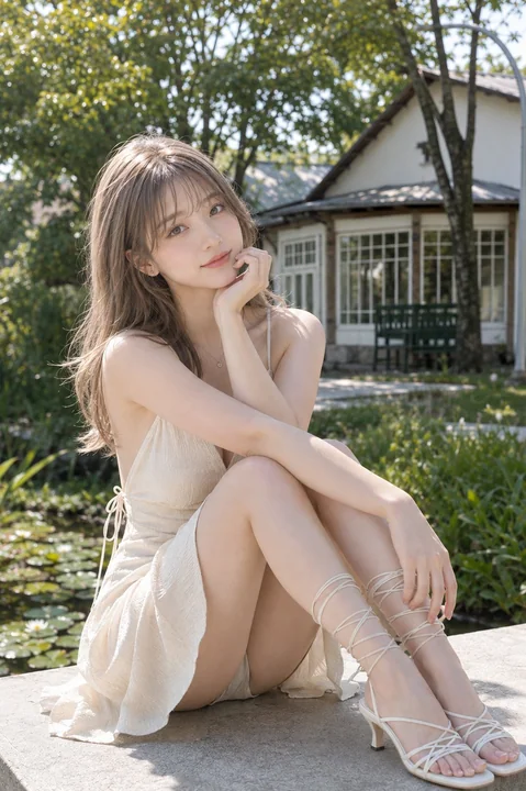 庭院树影与象牙白裙少女