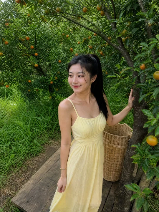 柑橘园木质平台上的韩系清纯少女写真