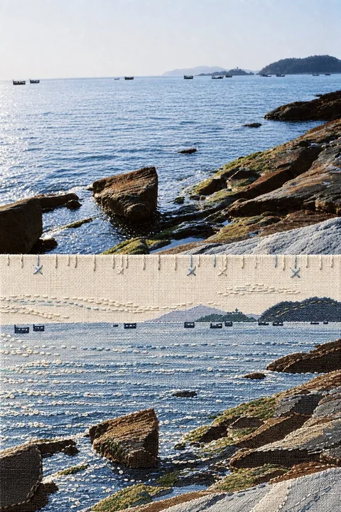 富士织物拼接风格旅行转绘海报