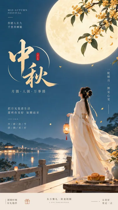 东方禅意极简中秋古风女子望月海报