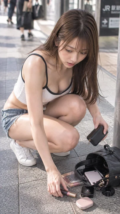 车站前捡拾散落物品的深棕发日本少女