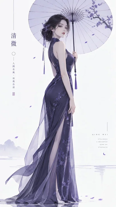 东方女性极简纸伞人像插画