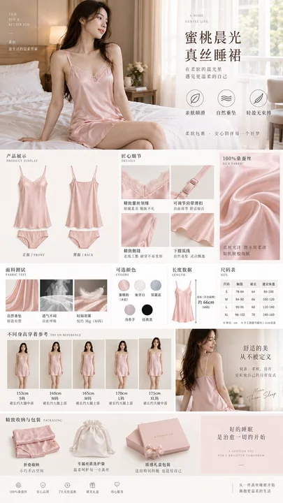 蜜桃晨光真丝睡裙高端电商详情页