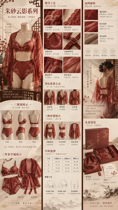 东方韵味朱砂红云纹刺绣内衣详情页