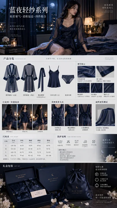 月夜酒店午夜蓝薄纱睡袍电商详情页长图
