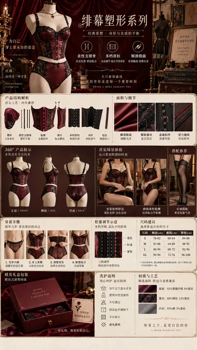 复古剧院风酒红缎面蕾丝束身内衣详情页