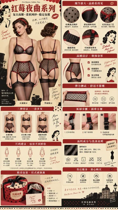 50年代复古黑红波点内衣详情页设计