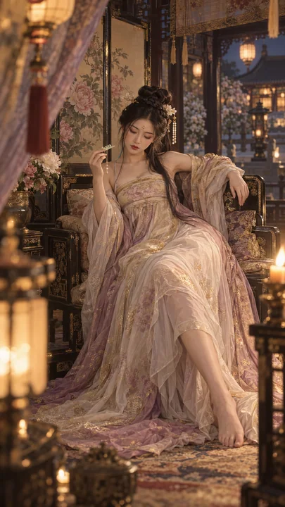 盛唐夜宴余韵:牡丹亭中解簪的慵懒宫妃