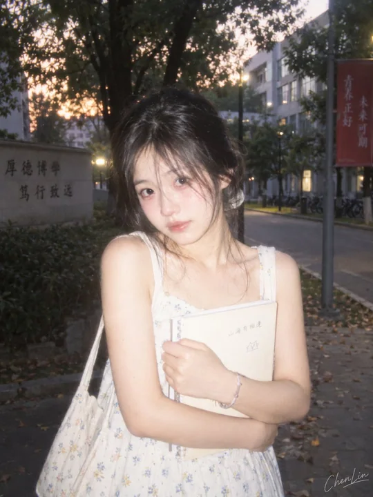 夏末校园暮色碎花裙少女青春纪实