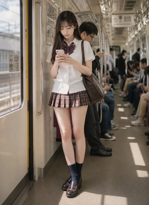 日本通勤电车门边穿制服的看手机少女