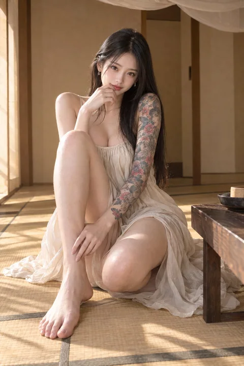 纹身女性在日式榻榻米室内的人像摄影