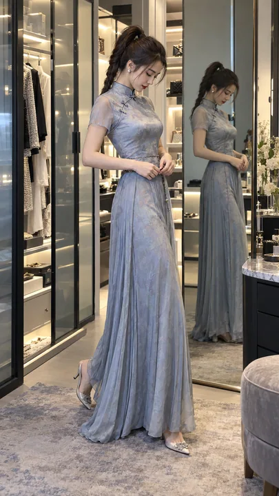 Qipao en soie bleu brume, tresse en queue de poisson, portrait casual devant le miroir