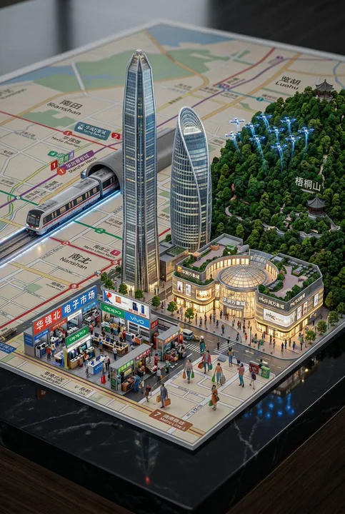 地図から浮かび上がる深圳の3Dミニチュア都市景観