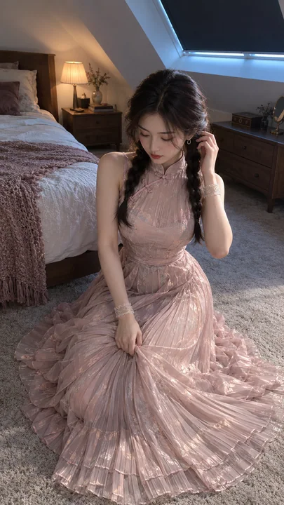 阁楼卧室里的浅粉旗袍优雅少女