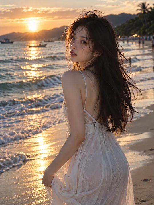 海边夕阳回眸亚洲女性写实人像