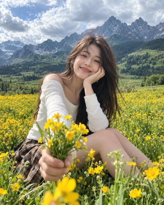 黄色花海中年轻女子与壮丽山脉人像