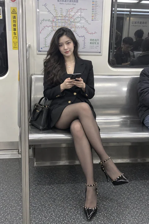 地铁车厢东亚女性手机纪实摄影