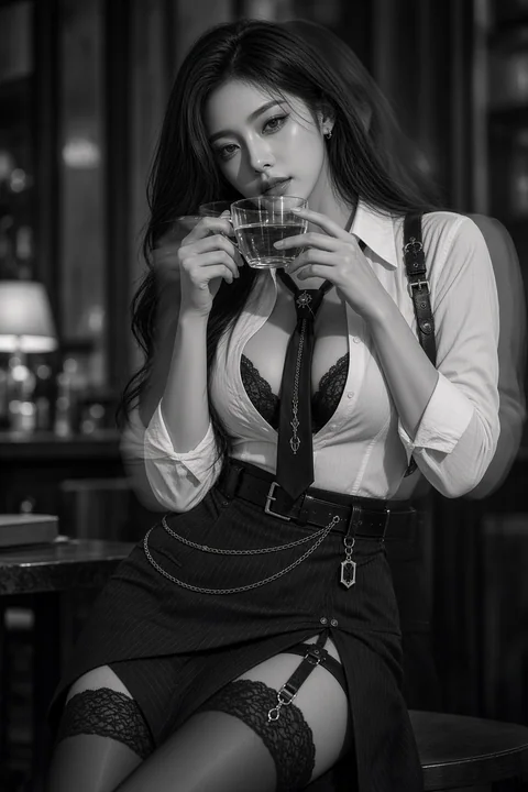 咖啡馆环境肖像东亚女性黑白人像