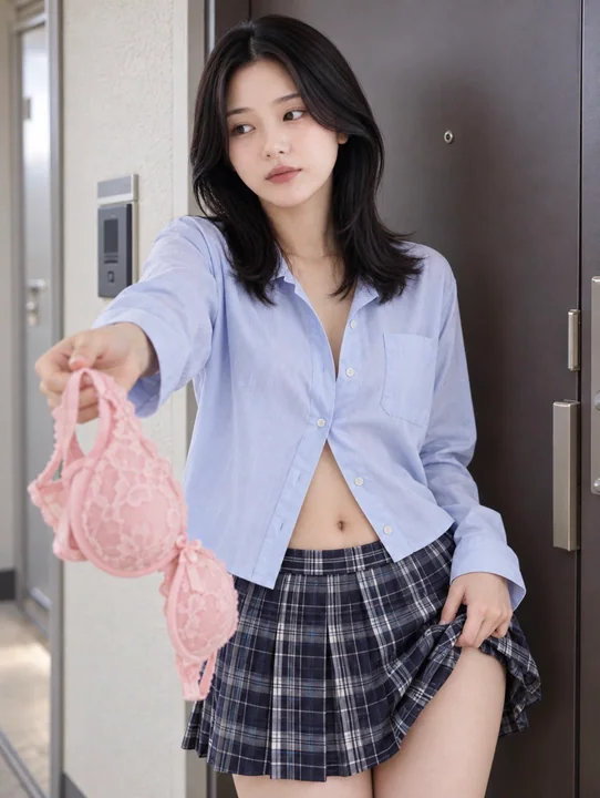 玄关前递出PeachJohn的浅蓝衬衫少女