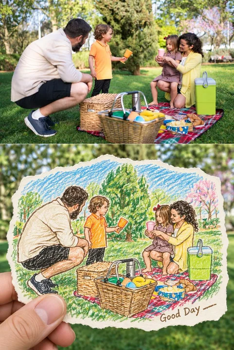实景背景手持手工蜡笔卡片画中画