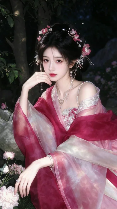 玫红胭脂粉中式古典美人夜景人像
