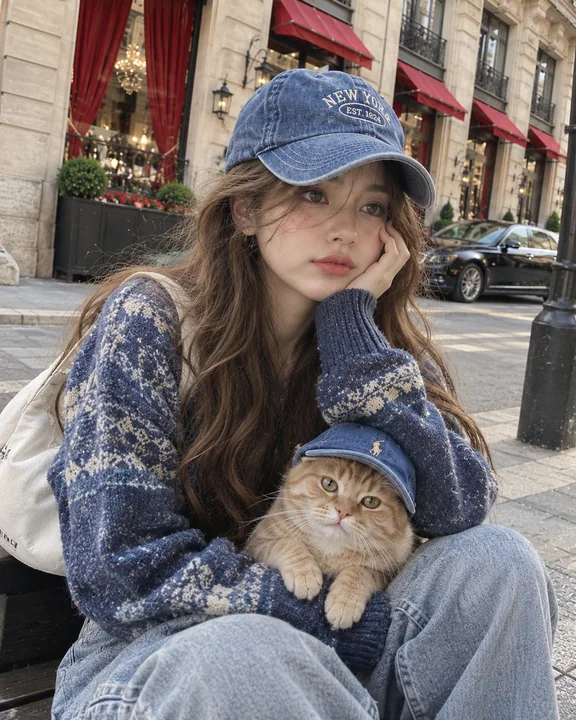 街头自拍戴棒球帽的女孩与橘猫