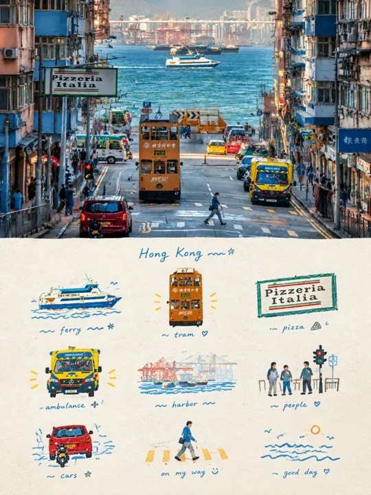 香港旅行手帐海报写实摄影与手绘插画拼贴