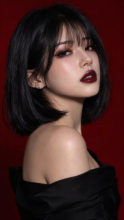深红背景东亚女性电影感美妆肖像