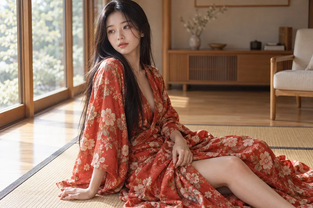 东亚女性红橙花卉长袍室内人像
